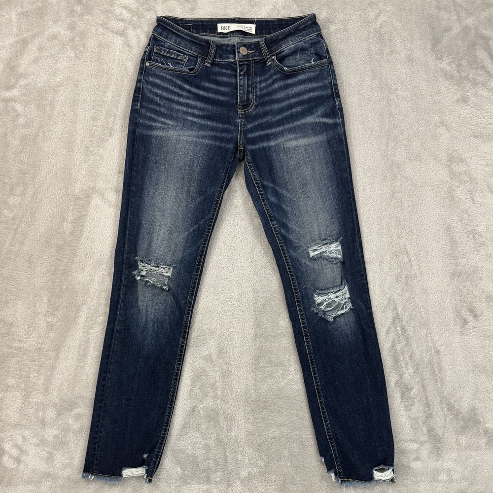BKE Jeans Womens 26 Stella Slim Straight Ankle Distressed Whiskered Raw Hem